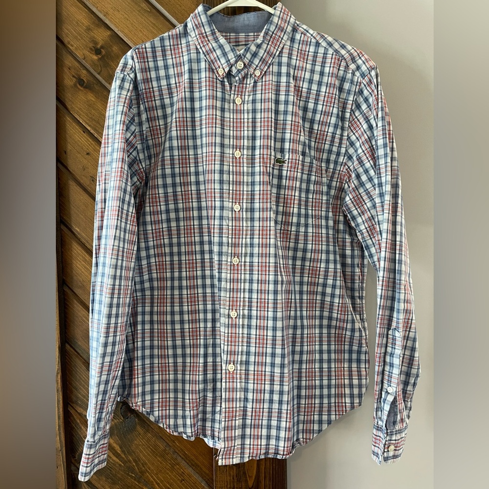 Lacoste Blue and Red Casual Button Down Shirt